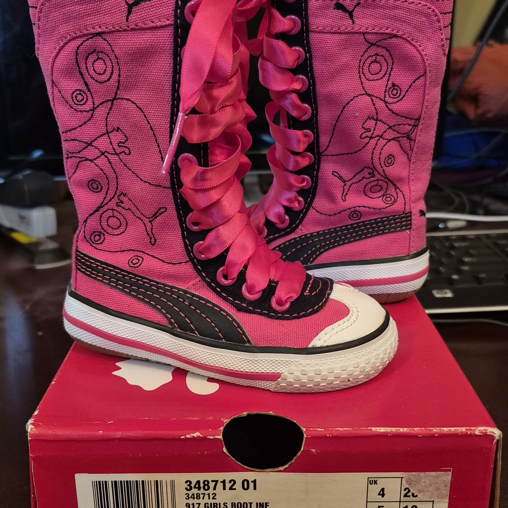 Girls Size 5 Infant, PUMA Pink High-Top Sneakers with Ribbon Laces